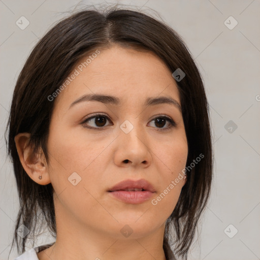 Neutral asian young-adult female with medium  brown hair and brown eyes