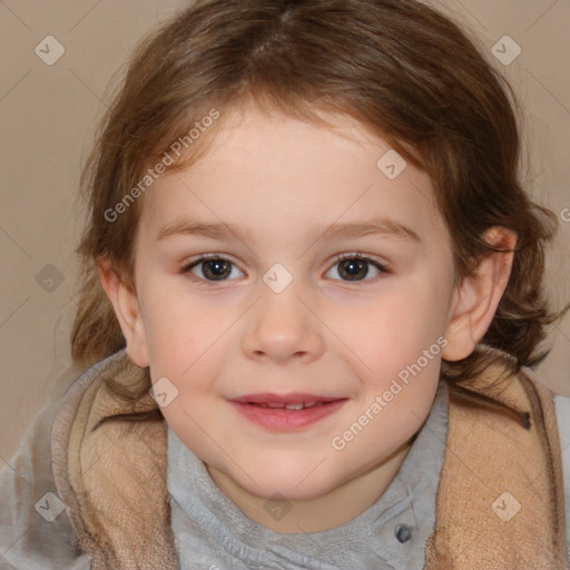 Joyful white child female with medium  brown hair and brown eyes