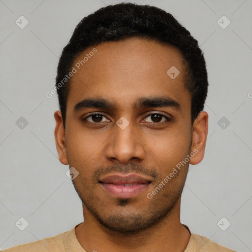 Neutral latino young-adult male with short  black hair and brown eyes