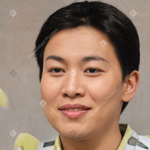 Joyful asian young-adult female with short  brown hair and brown eyes