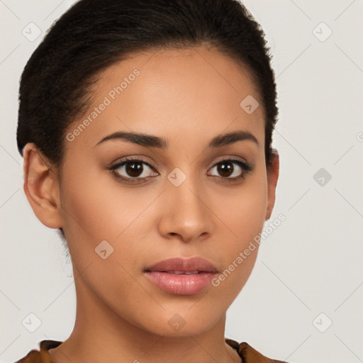 Joyful latino young-adult female with short  brown hair and brown eyes