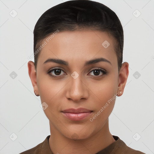 Joyful latino young-adult female with short  brown hair and brown eyes