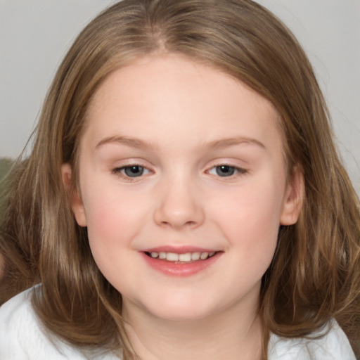 Joyful white child female with medium  brown hair and brown eyes