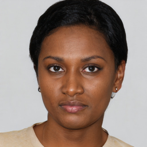 Neutral black young-adult female with short  black hair and brown eyes