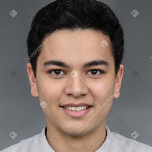 Joyful latino young-adult male with short  brown hair and brown eyes