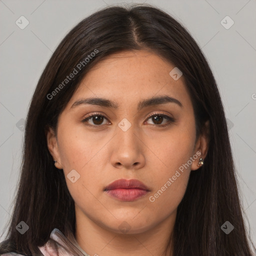 Neutral asian young-adult female with long  brown hair and brown eyes