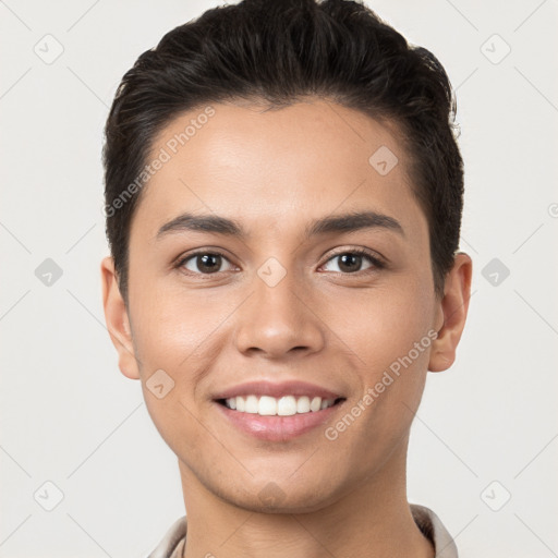 Joyful white young-adult female with short  brown hair and brown eyes