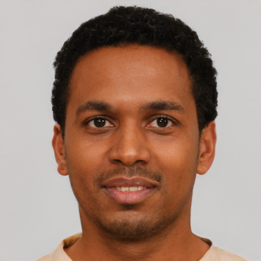 Neutral black young-adult male with short  black hair and brown eyes