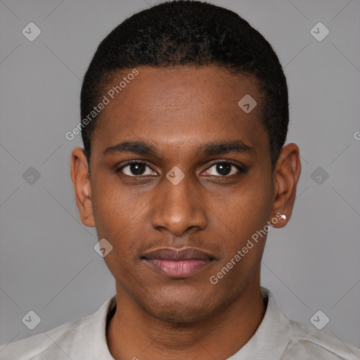 Neutral black young-adult male with short  black hair and brown eyes