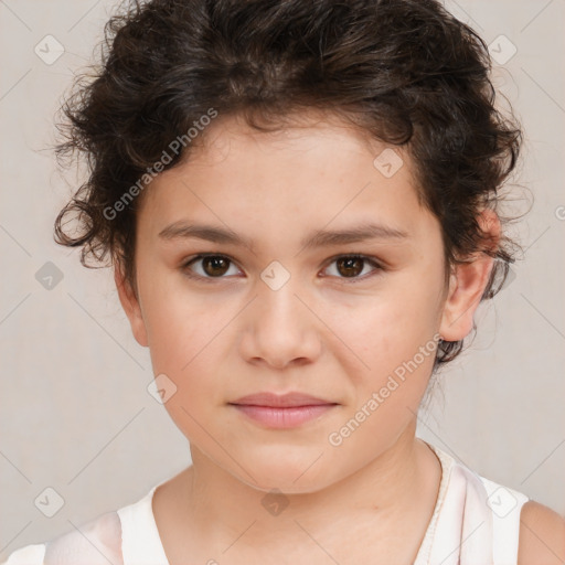 Joyful white child female with short  brown hair and brown eyes