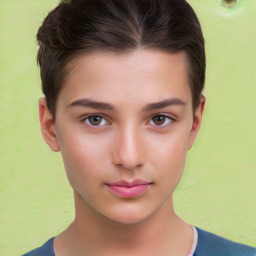 Neutral white young-adult female with short  brown hair and brown eyes