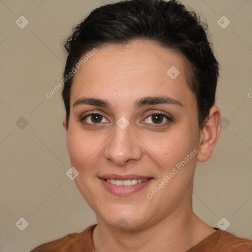 Joyful white young-adult female with short  brown hair and brown eyes