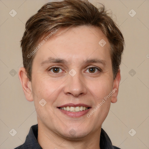 Joyful white adult male with short  brown hair and brown eyes