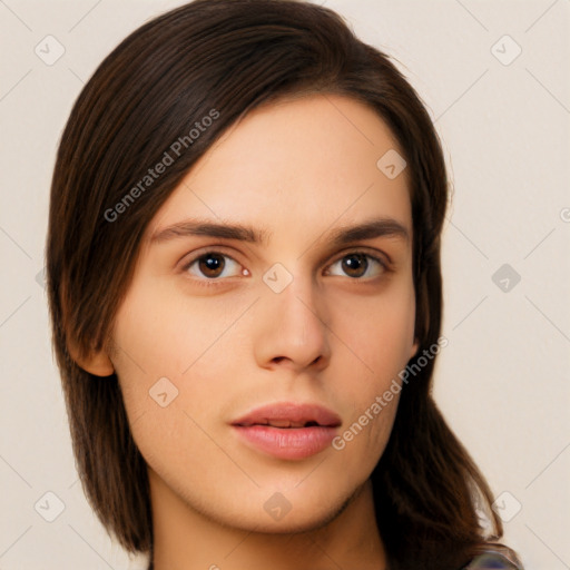 Neutral white young-adult female with long  brown hair and brown eyes