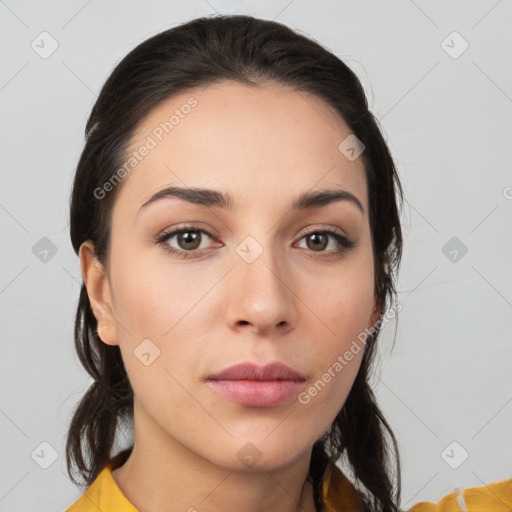 Neutral white young-adult female with medium  brown hair and brown eyes