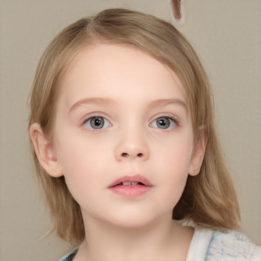 Neutral white child female with medium  brown hair and grey eyes