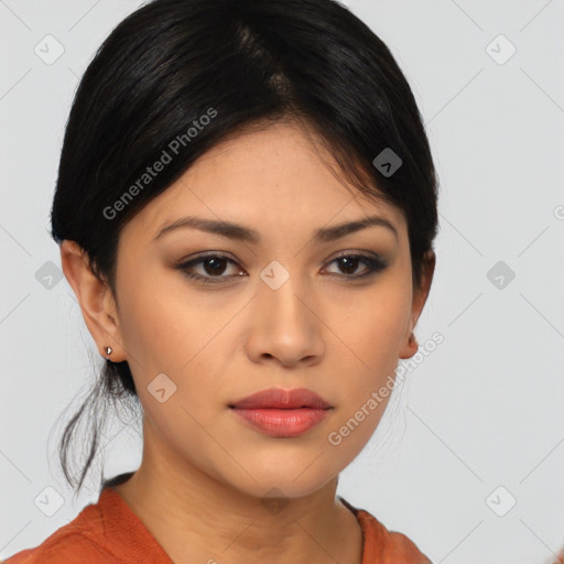 Neutral asian young-adult female with medium  black hair and brown eyes