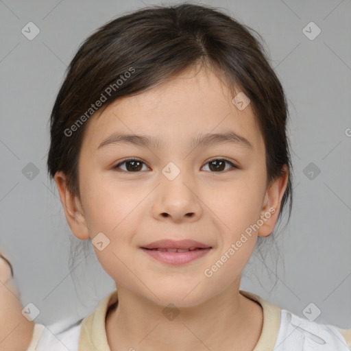 Joyful white child female with medium  brown hair and brown eyes