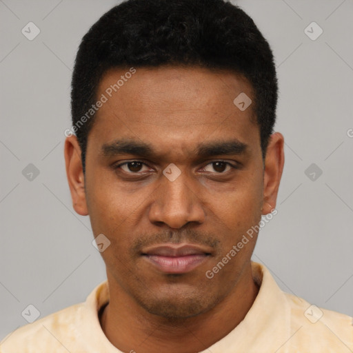 Neutral latino young-adult male with short  black hair and brown eyes