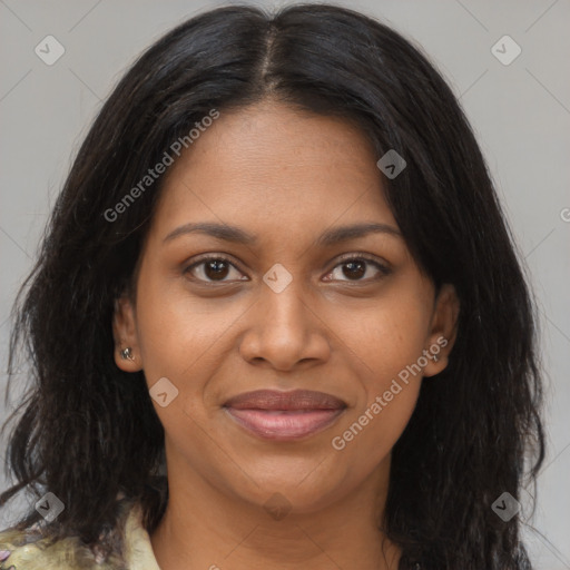 Joyful black young-adult female with medium  brown hair and brown eyes