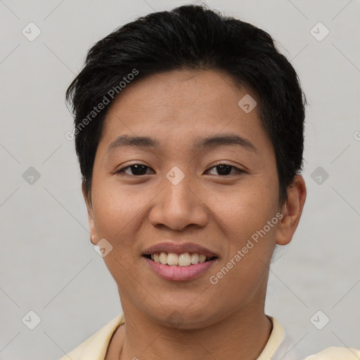 Joyful asian young-adult female with short  brown hair and brown eyes