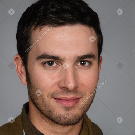 Joyful white young-adult male with short  brown hair and brown eyes