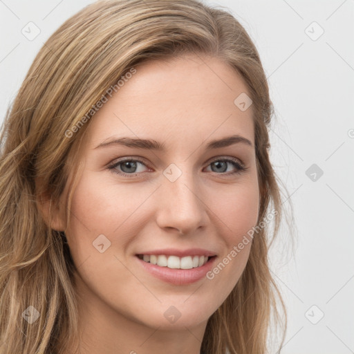 Joyful white young-adult female with long  brown hair and grey eyes