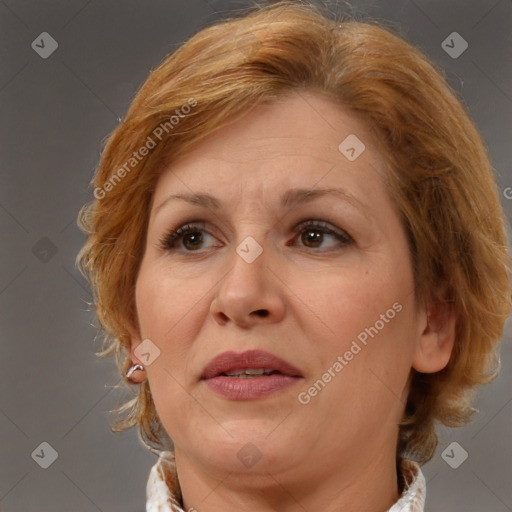 Joyful white adult female with medium  brown hair and brown eyes