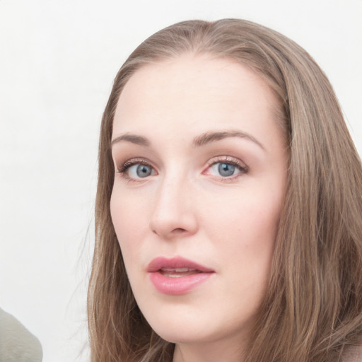 Neutral white young-adult female with long  brown hair and grey eyes