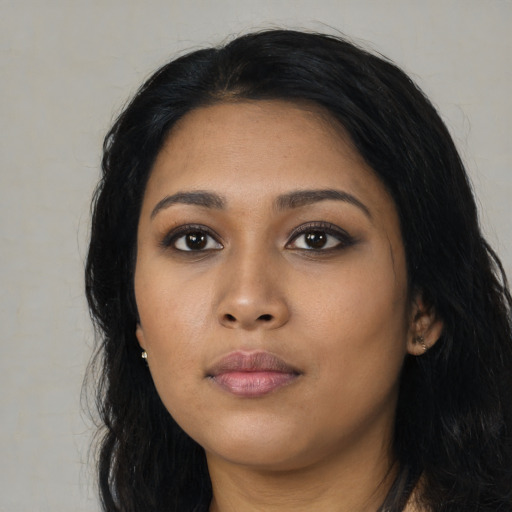 Neutral asian young-adult female with long  black hair and brown eyes
