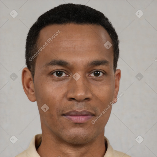 Neutral black young-adult male with short  black hair and brown eyes