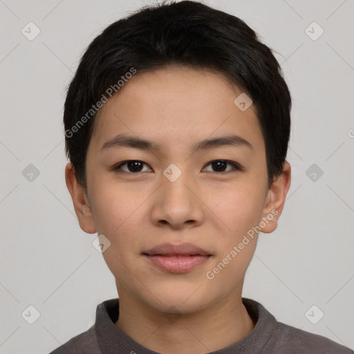 Neutral asian young-adult male with short  brown hair and brown eyes