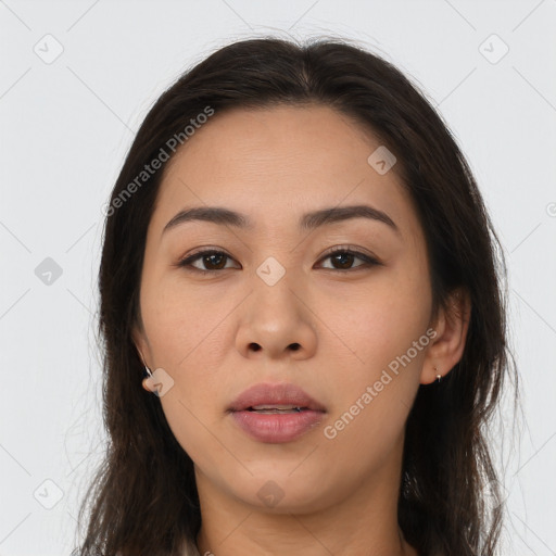 Neutral asian young-adult female with long  brown hair and brown eyes