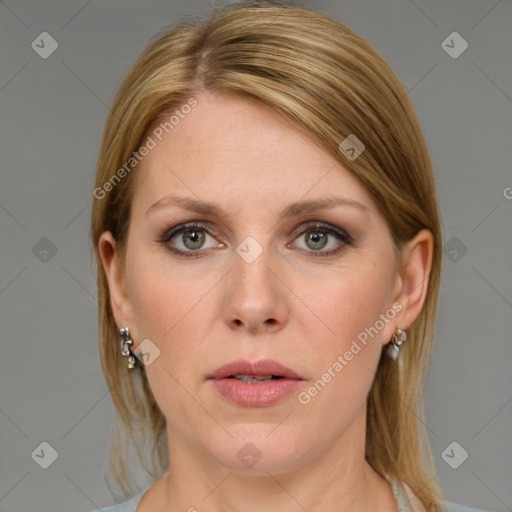 Joyful white young-adult female with medium  brown hair and blue eyes