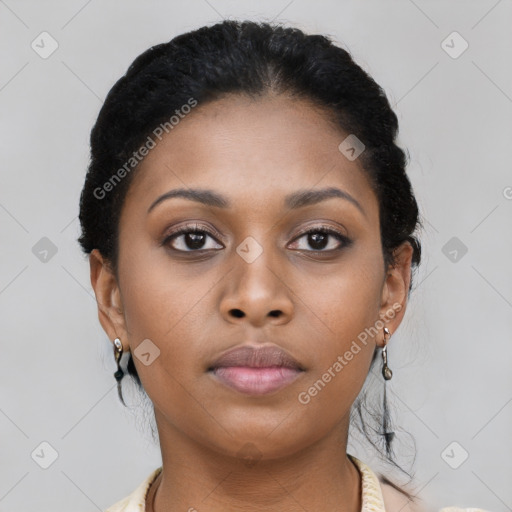 Neutral black young-adult female with short  black hair and brown eyes