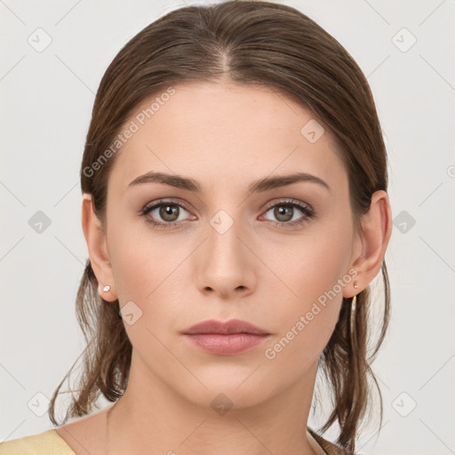 Neutral white young-adult female with medium  brown hair and brown eyes