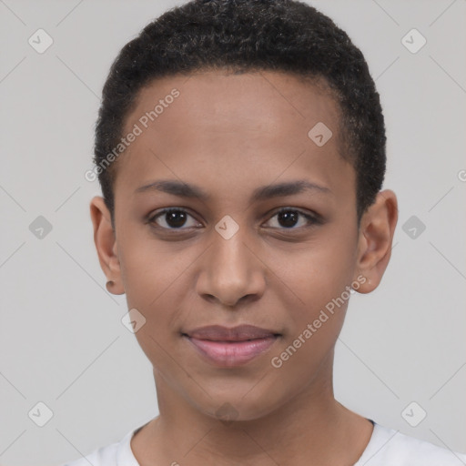 Joyful latino young-adult female with short  brown hair and brown eyes