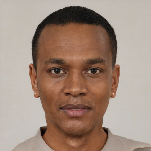 Neutral black adult male with short  black hair and brown eyes