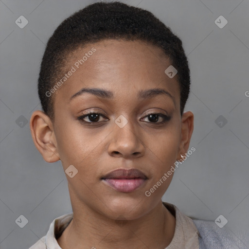 Neutral black young-adult female with short  brown hair and brown eyes