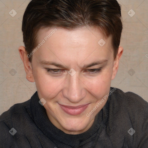 Joyful white adult female with short  brown hair and brown eyes