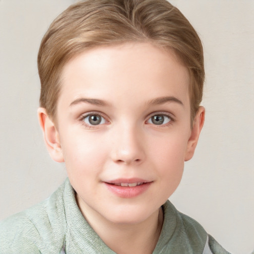 Joyful white child female with short  brown hair and grey eyes