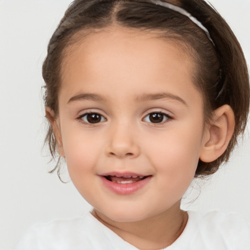 Joyful white child female with medium  brown hair and brown eyes