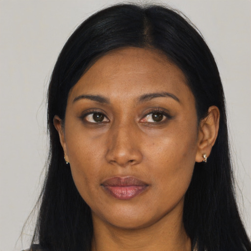 Joyful black young-adult female with long  black hair and brown eyes