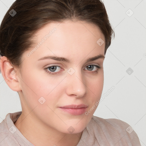 Neutral white young-adult female with short  brown hair and brown eyes