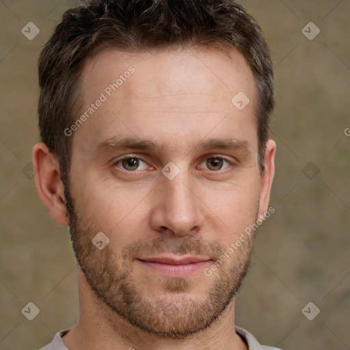 Neutral white young-adult male with short  brown hair and brown eyes