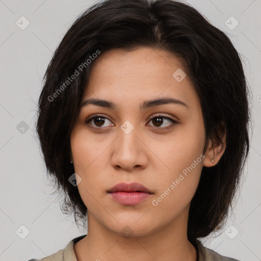 Neutral asian young-adult female with long  brown hair and brown eyes