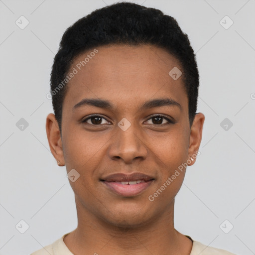 Joyful black young-adult male with short  black hair and brown eyes