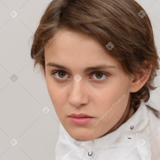 Neutral white young-adult female with medium  brown hair and brown eyes