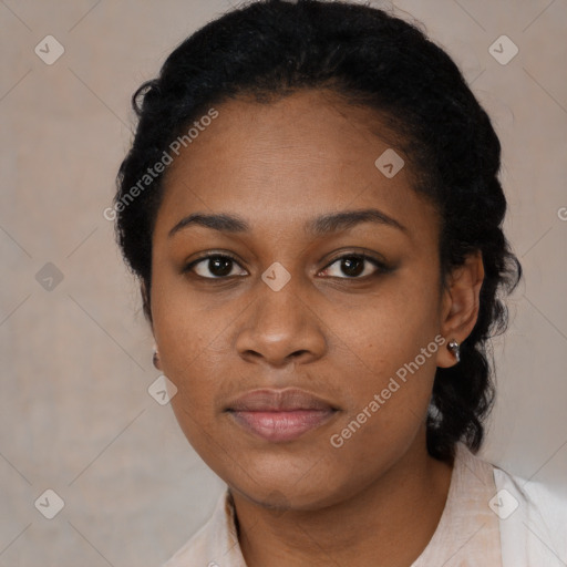 Neutral black young-adult female with short  black hair and brown eyes