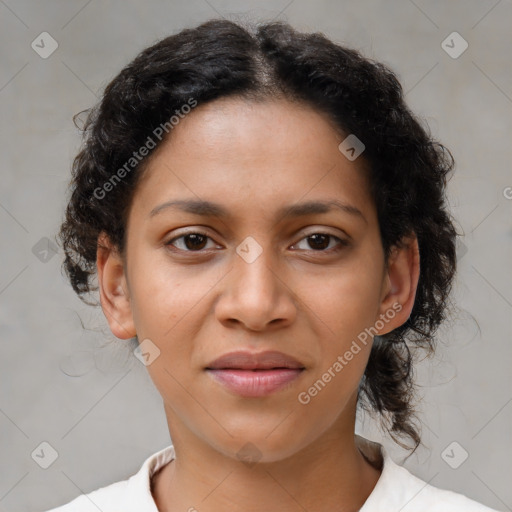 Joyful latino young-adult female with short  brown hair and brown eyes